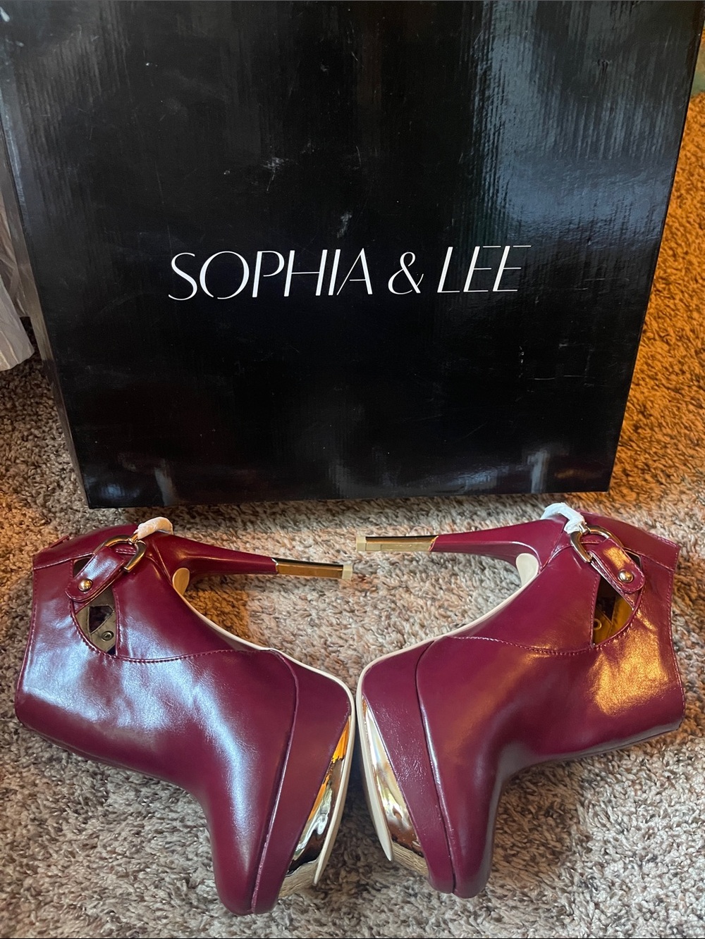 Sophia & Lee Wine Patent Platform Ankle Booties with Gold Accents